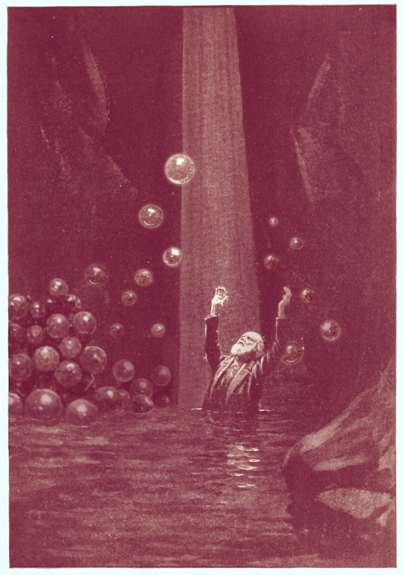 Ilustración de un hombre en el agua rodeado de burbujas, de la línea de espumantes de Antropo Wines